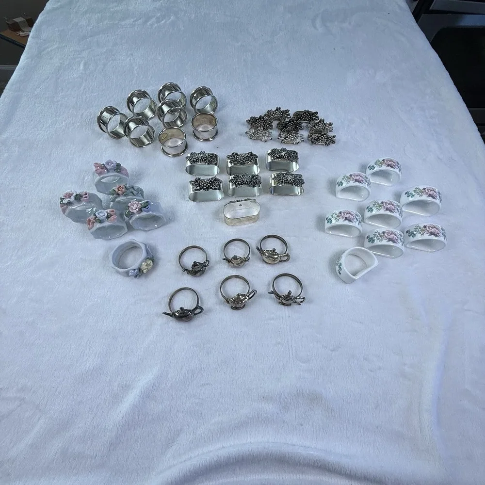 Vintage Napkin Rings Mixed Lot 44 Metal Porcelain Floral Grape Teapot Tableware